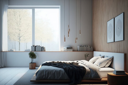 Bedroom's minimalistic design features wooden furniture. Generative AI