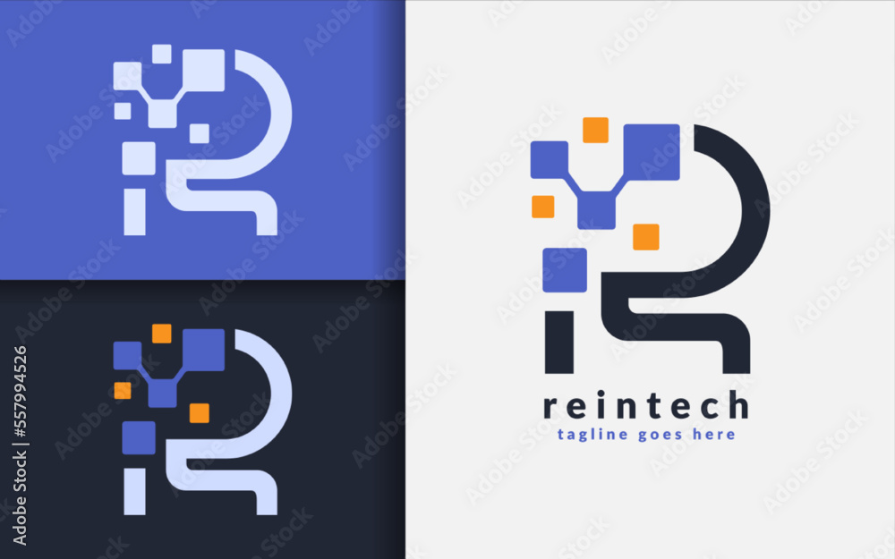 Poster A futuristic and digital logo concept featuring the initial letter R and digital elements combination, symbolizing technology and advancement