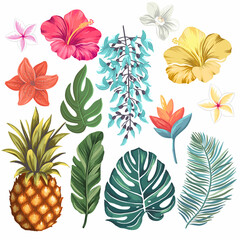 Orchid, hibiscus, bluejade, pineapple, plumeria, palm tree leaves, lily - set of hand drawn vector illustrations with tropical theme