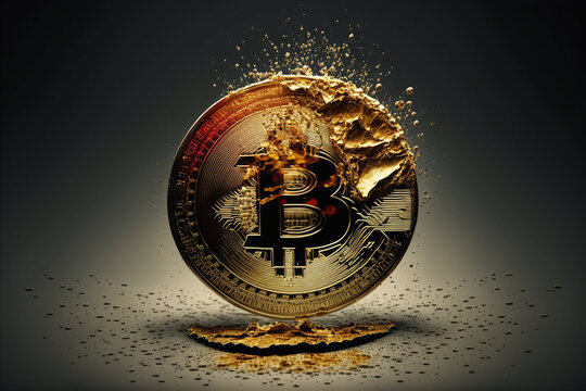 Gold Bitcoin Crash Crisis Market, Bitcoin Price Falling Concept Illustration,  Broken or Cracked Bitcoin Blockchain, Cryptocurrency, Generative AI