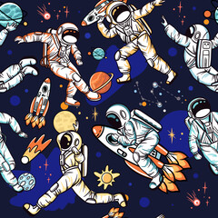Astronauts in sport activities with spaceships and planets. Seamless pattern with hand drawn vector illustrations with space theme
