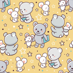 Bear and mouse best friends. Seamless pattern with hand drawn illustrations with animal theme
