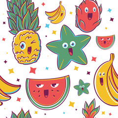 Smiling fruits. Seamless pattern with vector hand drawn illustrations with characters theme.
