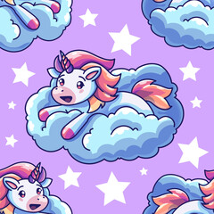 Unicorns on the clouds. Seamless pattern with hand drawn vector illustrations
