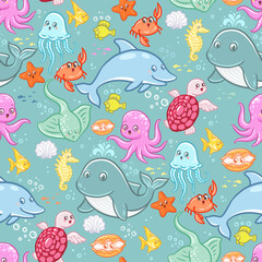 Underwater sea animals. Seamless pattern with vector hand drawn illustrations 