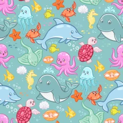 Fototapete Meeresleben Underwater sea animals. Seamless pattern with vector hand drawn illustrations 