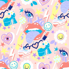 Abstract seamless vector pattern with hand drawn illustrations with preppy aesthetic style

