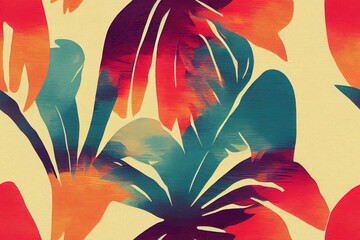 Abstract palm palms in vibrant colors, done by hand. Inspired seamless pattern based on a creative collage in an antique manner. The latest in design trends. Generative AI