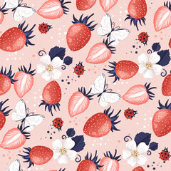 Juicy strawberries and butterflies. Seamless pattern with digital hand drawn illustrations with summer theme
