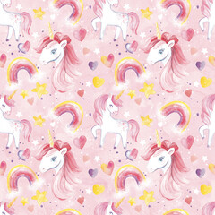 Unicorns, rainbow, hearts, stars. Seamless pattern with hand drawn watercolor illustrations

