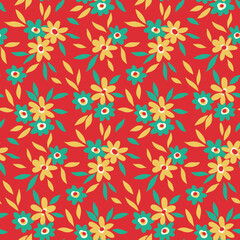 Seamless floral pattern, liberty flower print with vintage motif. Simple and cute design for fabric, paper: small hand drawn flowers, tiny leaves on a red background. Vector botanical illustration.