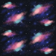 Space, cosmos with galaxies, nebulas. Seamless pattern with digital hand drawn illustration with universe theme
