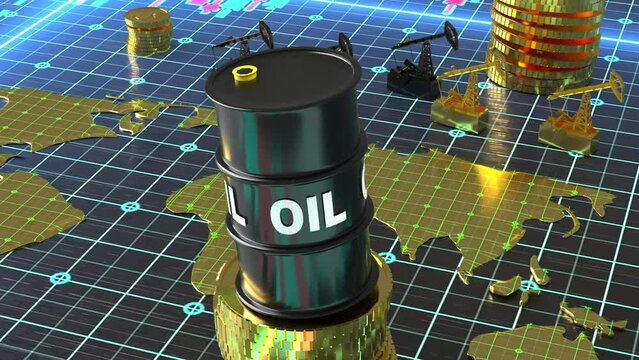 The concept of falling oil prices, falling stock market, falling barrels of oil on the background of the stock market chart