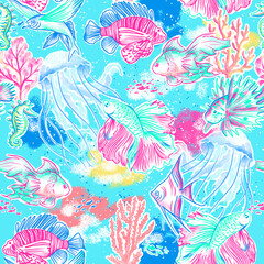 Beautyful exotic ocean fishes and jellyfishes. Seamless pattern with digital hand drawn illustrations 