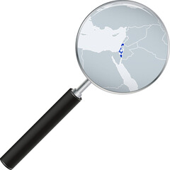 Israel map with flag in magnifying glass.