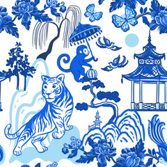 Tiger and monkey in the mountains with the pagodas and trees . Vector seamless pattern with hand drawn illustrations with Chinese theme
