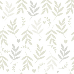 Pastel colour  plants leaves, seamless pattern with hand drawn vector illustration