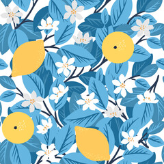 Lemons, fruits, flowers and leaves. Seamless vector pattern with hand drawn illustrations with floral theme