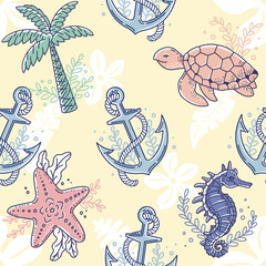 PAlm tree, anchor, starfih, sea turtle, sea horse. Seamless pattern with vector illustrations, icons with summer ocean vacation theme