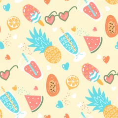 Foto auf Glas Ice cream, fruits, drinks. Summer holiday theme seamless vector pattern with hand drawn digital illustrations  © Hanna Symonovych