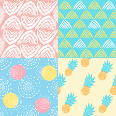 A set of abstract seamless vector patterns with summer theme hand drawn illustrations
