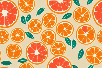 A brilliant, continuous light pattern with Fabric, label, t-shirt, wall mural, and children's room wallpaper with real oranges. A happy doodle orange backdrop with slices. Generative AI