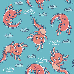 Happy axolotls, seamless vector pattern with vector hand drawn illustrations
