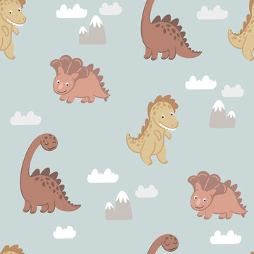 Cute dinosaurs with mountains and clouds, seamless pattern with vector hand drawn illustrations
