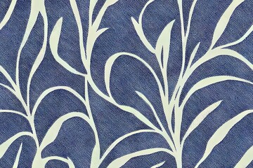 Blue and white woven denim fabric with a flower and leaf linen feel with no seams. Generative AI