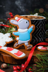 Rabbit Gingerbread Cookie on Wooden Background, Handmade Christmas Treat