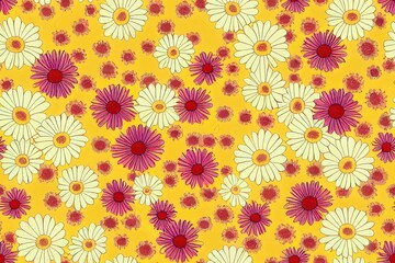 Fototapeta na wymiar Chamomile flowers in a boho-chic seamless design over a peach backdrop. Abstract, flower-power, botanical, 1970s design. A new look in gift wrap, coverings, and fabrics. Generative AI