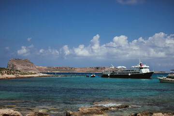 View of the ferry in the Balos Lagoon, Greece,.