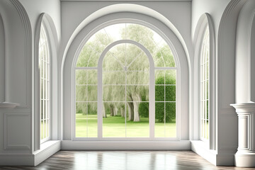 modern luxury classical style room, white, empty, and with a view of the outdoors There are wooden floors and arch shape window, facing green lawn and garden. Generative AI