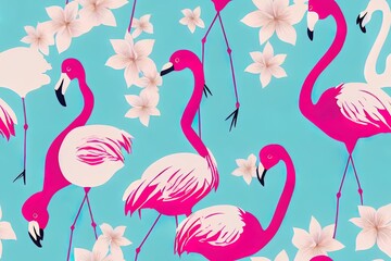 This seamless pattern has a pink flamingo and other pictures perfect for a baby girl's room. Generative AI