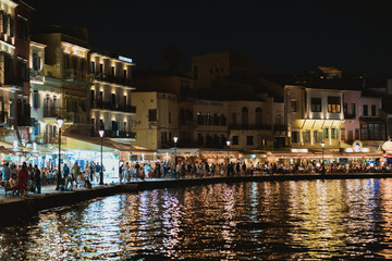 Chania, Greece, view of the old city harbour at night.