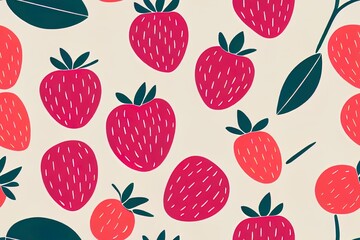 Light pink background with a koala bear, strawberries, flowers, and leaves in a cartoon style form a seamless pattern. Generative AI