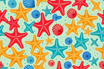 Fototapeta na wymiar Seamless design with seashells and starfishes in vibrant hues. Marine motif including seashells. Generative AI