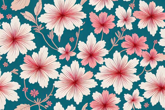 Retro and vintage-style seamless pattern with stylised decorative flowers. Stitchwork in the traditional Jacobean style. drawing in color, presented in white on a white backdrop. Generative AI