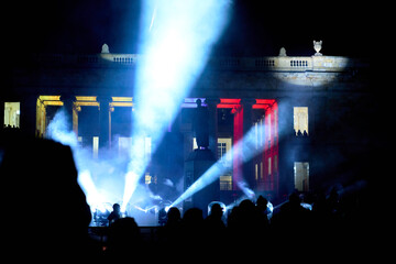 plaza de bolivar in Bogota at night during a show of lights and colors. light show in the capital of Colombia. simon bolivar statue and congress building of the republic of Colombia being illuminated 