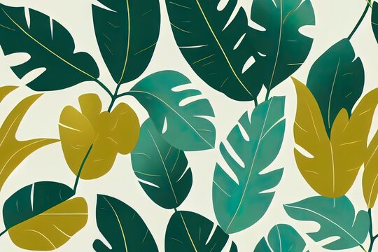 Exotic tropical plants in a contemporary design that repeats endlessly. Colorful jungle pattern, a trendy backdrop choice. Patterns of nature on textiles and wallpaper. Generative AI