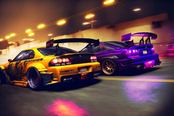 two drift cars racing in the street - obrazy, fototapety, plakaty