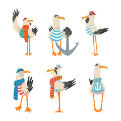 Funny seagull captains set. Cute bird sailors characters in cap and scarf cartoon vector illustration