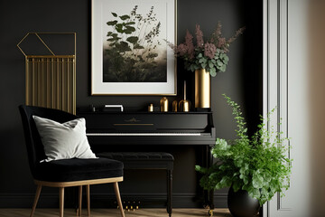 Elegant interior composition of a living room featuring a black piano, a mock up poster frame in gold, spring flowers, a decoration, a lamp, and chic personal items. Generative AI