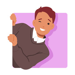Kid Peeking Out Of Square Frame Wink Eye. Boy Character Look From The Pink Hole, Naughty Cheerful Child Face Avatar