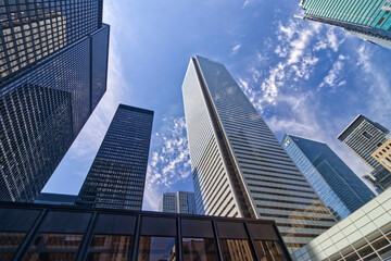 Fototapeta na wymiar Toronto, Canada, Aug 5, 2022. Top businesses of Canada in one city block