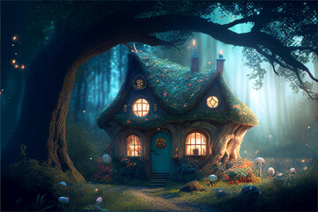 Fototapeta na wymiar Imaginative illustration of cute fantasy cottage/house/dwelling in magic forest, generative ai, digital art