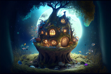Imaginative illustration of cute fantasy cottage/house/dwelling in magic forest, generative ai, digital art