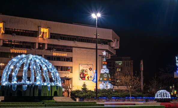 Ruse city, Bulgaria - December 10, 2016. night view of the main square of Bulgarian city Ruse during preparations for the celebration of Christmas