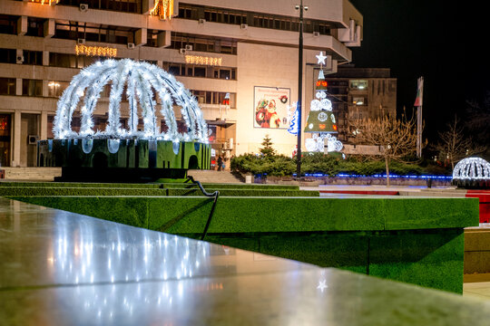 Ruse city, Bulgaria - December 10, 2016. night view of the main square of Bulgarian city Ruse during preparations for the celebration of Christmas
