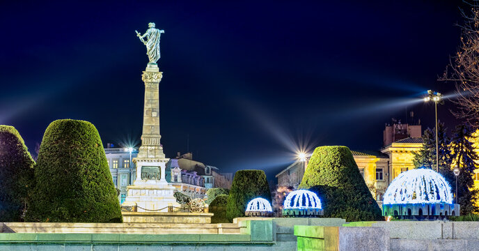 Ruse city, Bulgaria - December 10, 2016. night view of the main square of Bulgarian city Ruse during preparations for the celebration of Christmas